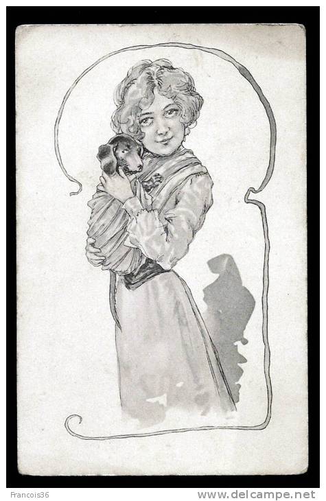 Jeune Fille Enfant Avec Un Petit Chien Teckel Illustration Art Deco - B.K.W.I 742/4 - Dos Vierge - Other & Unclassified