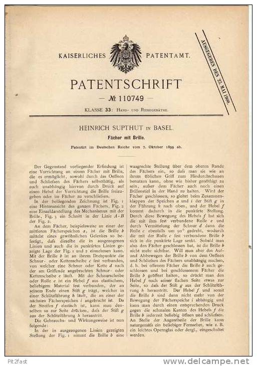 Original Patentschrift - H. Suphut In Basel , 1899 , Fächer Mit Brille !!! - Fans