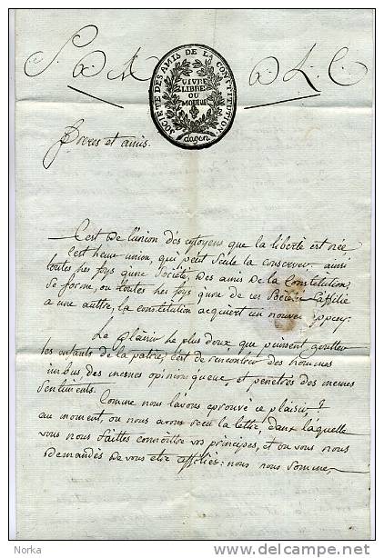 LOT ET GARONNE. AGEN. LETTRE DE LA SOCIETE DES AMIS DE LA CONSTITUTION D'AGEN . Signée BORY Fils. Vers 1791. Cachet Cire - Documents Historiques