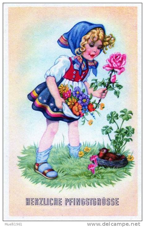 AK Herzliche Pfingstgrüsse, Ungel. Vor 1945, Schönes Kind Mit Blume - Pinksteren