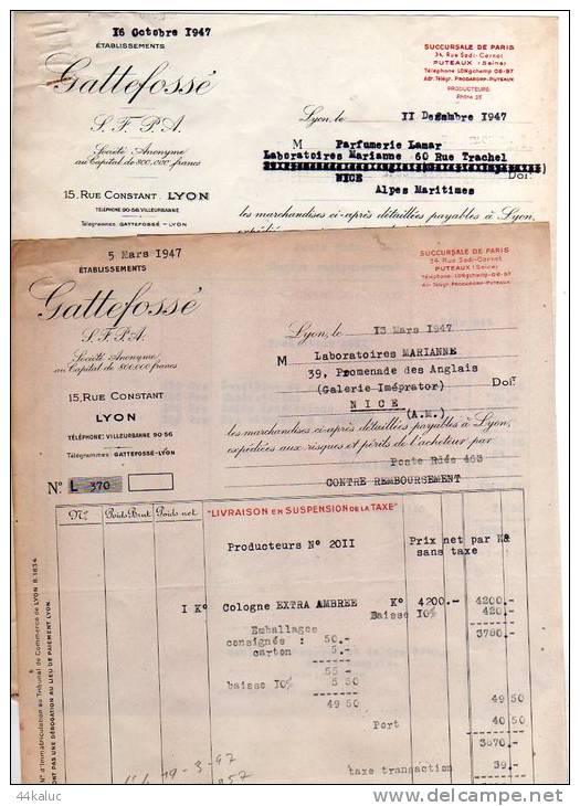 2 Factures De GATTEFOSSE  Sfpa  15 Rue Constant à LYON (Rhône) En 1947 - Chemist's (drugstore) & Perfumery