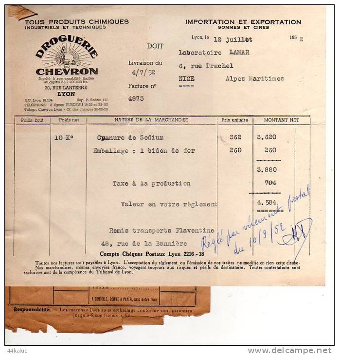 Facture Droguerie Du CHEVRON à LYON (Rhône) En 1952 Et Feuille Gare Routière De Lyon Avec Estampille - Droguerie & Parfumerie