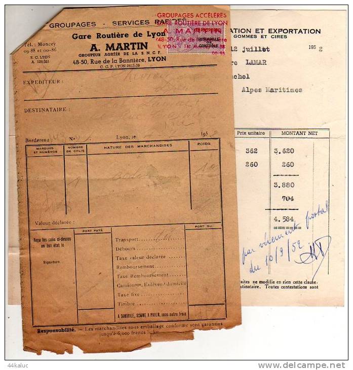 Facture Droguerie Du CHEVRON à LYON (Rhône) En 1952 Et Feuille Gare Routière De Lyon Avec Estampille - Drogerie & Parfümerie