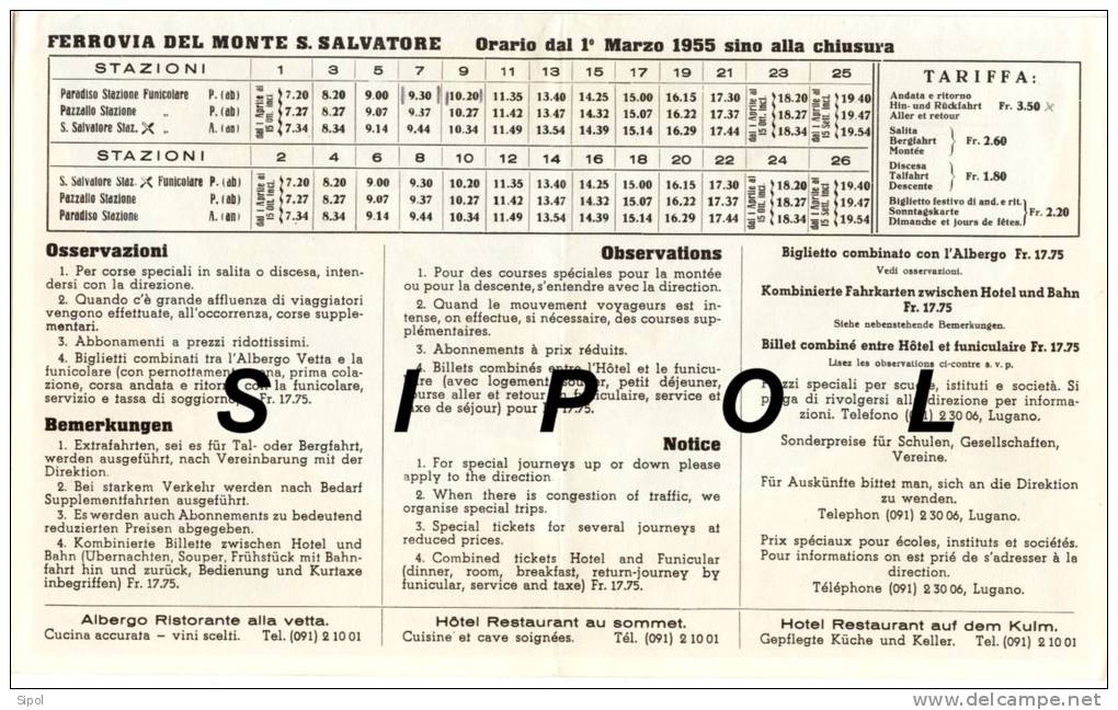 Dépliant Accordéon 3 Volets Funicolare Monte San Salvatore - Lugano 4 Langues  Horaires,tarifs 1957 - Europe