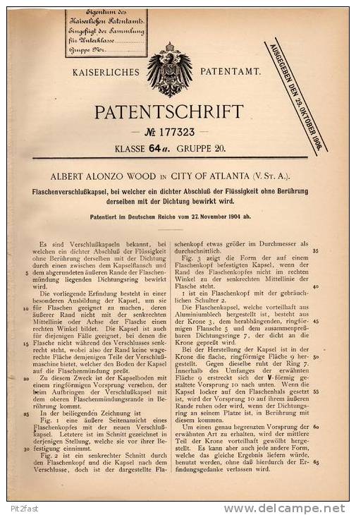 Original Patentschrift - A. Wood In City Of Atlanta , 1904 , Verschluß Für Flaschen !!! - Other & Unclassified