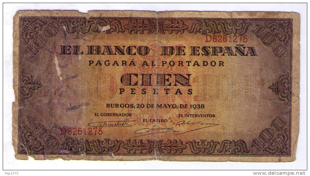 BILLETE DE 100 PESETAS DE 1938 - USADO - (BASTANTE USADO)(VER FOTO) - 100 Pesetas