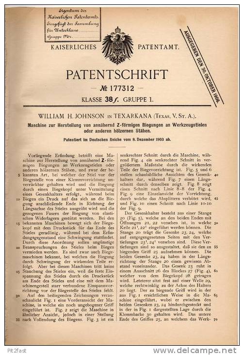 Original Patentschrift - W. Johnson In Texarkana , Texas , 1903 , Maschine Für Werzeugstiele !!! - Máquinas