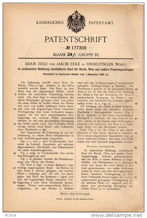 Original Patentschrift - A. Zeile In Sindelfingen , Württ., 1905 , Rost Für Herde, Öfen Und Feuerungsanlagen !!! - Historische Dokumente