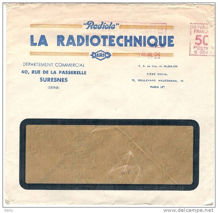 Enveloppe Publicitaire Illustrée RADIOLA La Radiotechnique Suresnes TB - Lettres & Documents