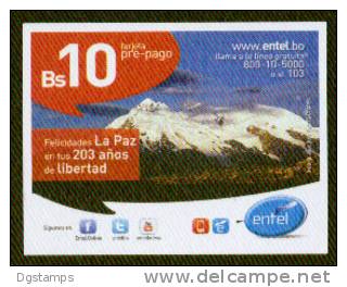 Bolivia 2012 - 15-06-2013. Tarjeta Pre-Pago ENTEL MOVIL  Illimani De Fondo. Felicidades La Paz, 203 Años De Libertad. - Montagnes