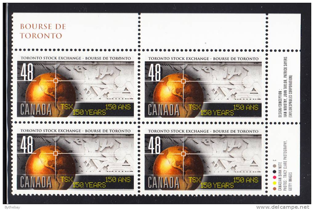 Canada MNH Scott #1962 Upper Right Plate Block 48c Toronto Stock Exchange 150th Anniversary - Plattennummern & Inschriften