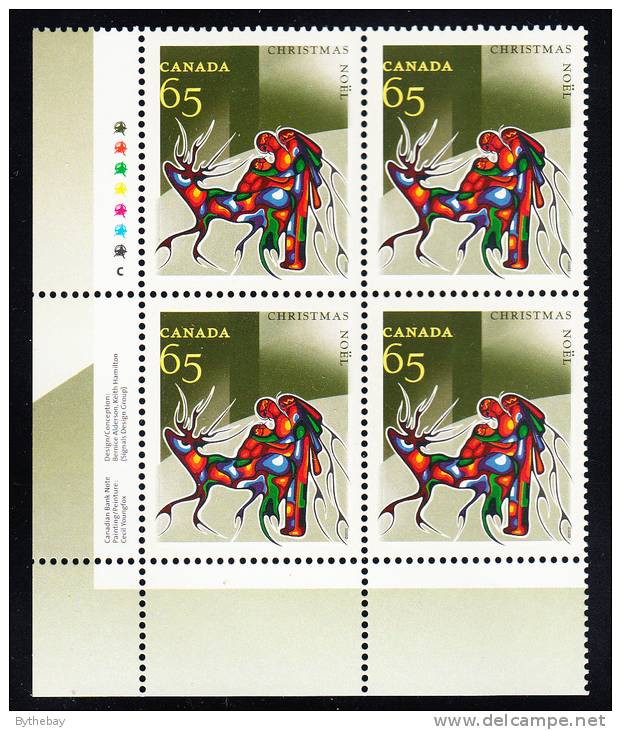 Canada MNH Scott #1966 Lower Left Plate Block 65c Aboriginal Art - Christmas - Plate Number & Inscriptions