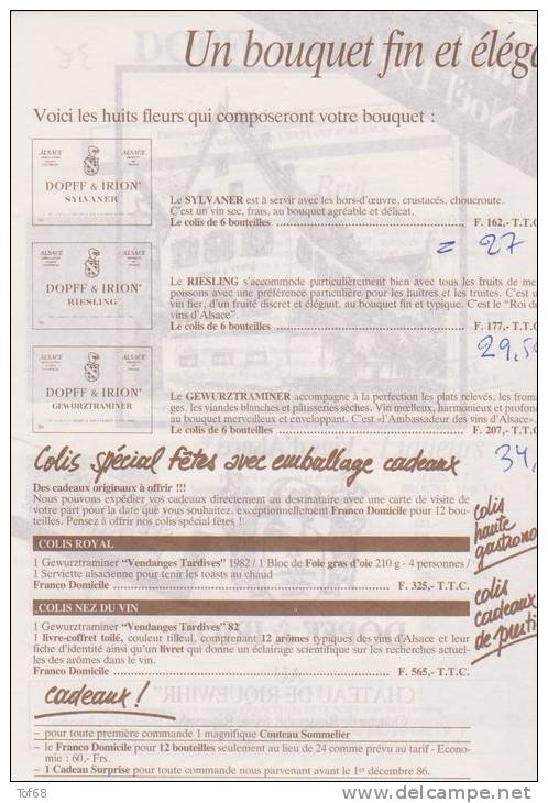 Publicité Tarif Vins D'Alsace Dopff & Irion Riquewihr 1986 - Alcolici