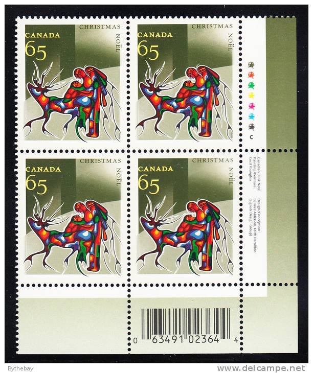 Canada MNH Scott #1966 Lower Right Plate Block 65c Aboriginal Art - Christmas - With UPC Barcode - Num. Planches & Inscriptions Marge