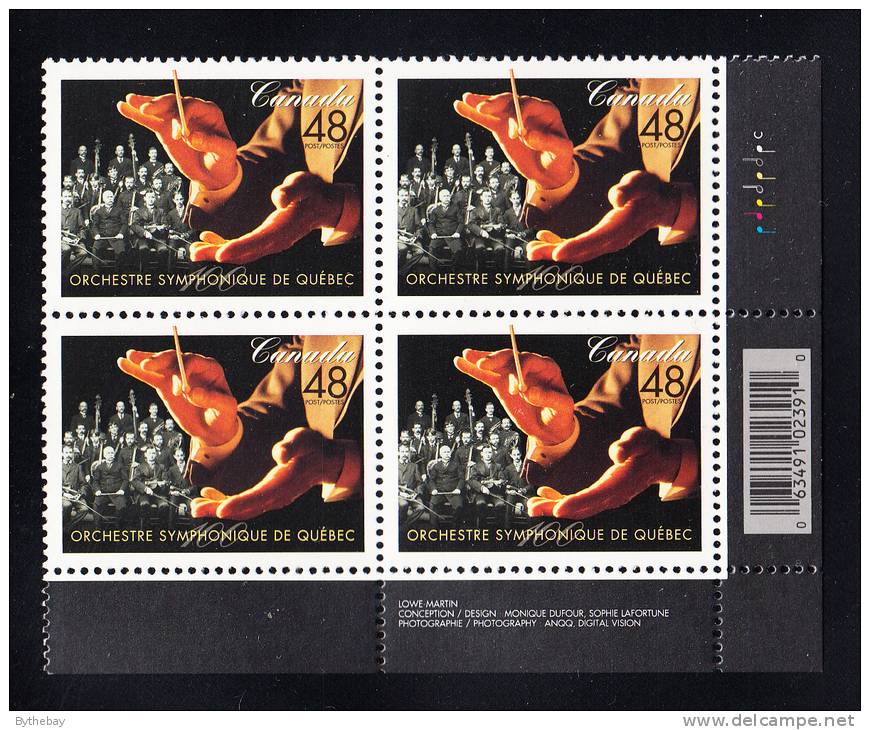 Canada MNH Scott #1968 Lower Right Plate Block 48c Quebec Symphony Orchestra Centenary - With UPC Barcode - Plate Number & Inscriptions