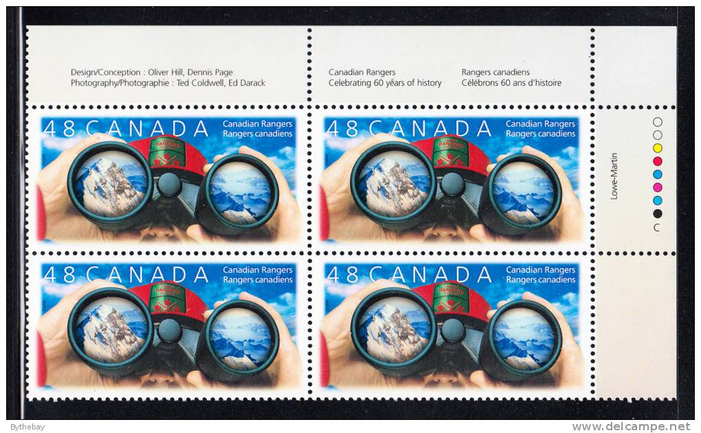 Canada MNH Scott #1984 Upper Right Plate Block 48c Canadian Rangers - Plattennummern & Inschriften