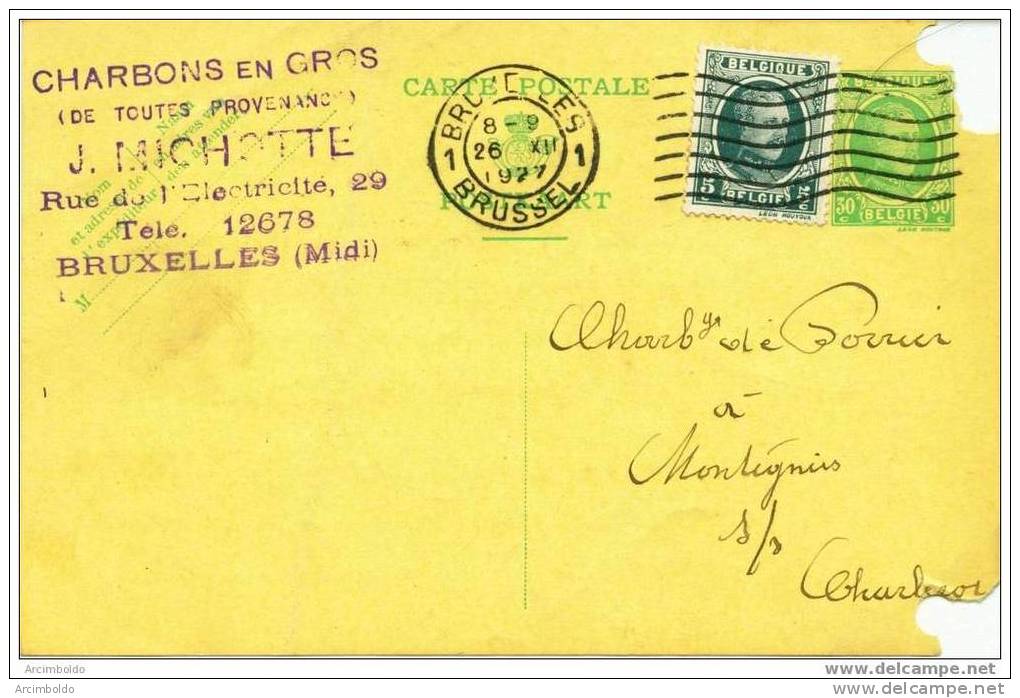 Entier De Bruxelles Vers Montignies-sur-Sambre - Charbonnages Du Poirier - Cachet Privé Charbons En Gros J.Michotte - Postcards 1909-1934