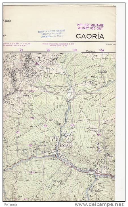 PAU#Y35 MAP - CARTINA Uso MILITARE - CAORIA  IGM Anni ´60  Timbro Brigata Alpina Cadore G.Agordo - Topographische Karten