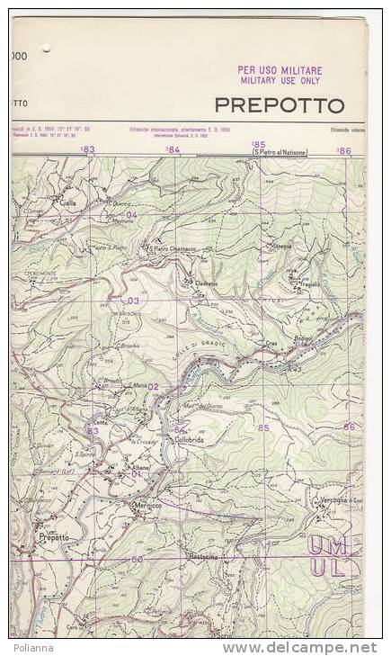 PAU#Y62 MAP - CARTINA Uso MILITARE - PREPOTTO  IGM 1962 - Carte Topografiche