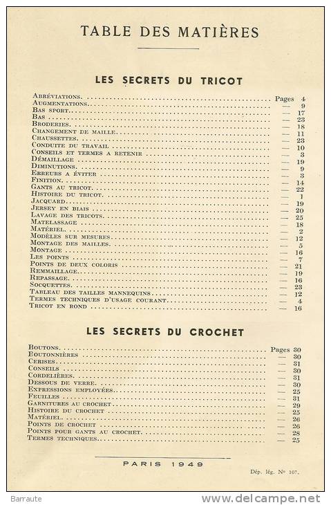 FRANCE - TRICOTS De 1949 " Les Secrets Du Tricot Et Crochet "  Exellent Commencement - Schnittmuster