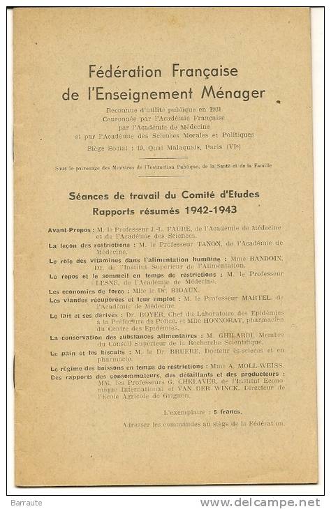 Brochure De 1942-43 Fédération Française De L'enseignement Ménager. - Fichas Didácticas