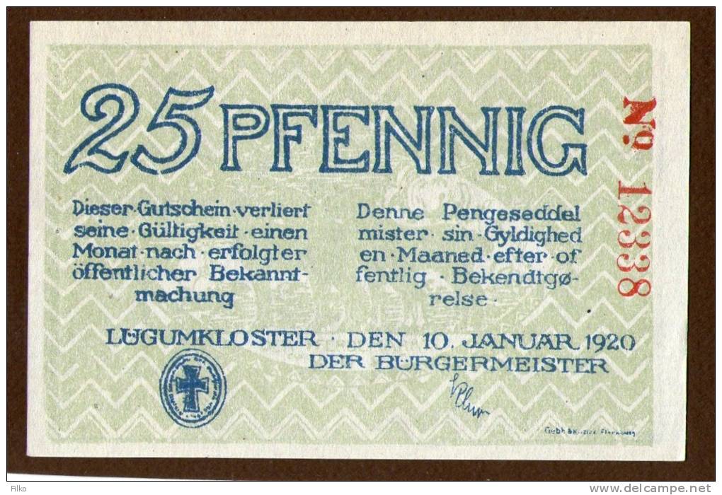 Denmark,Lugumkloster,25 Pfennig,10.01.1920 ,UNC,as Scan - Denmark