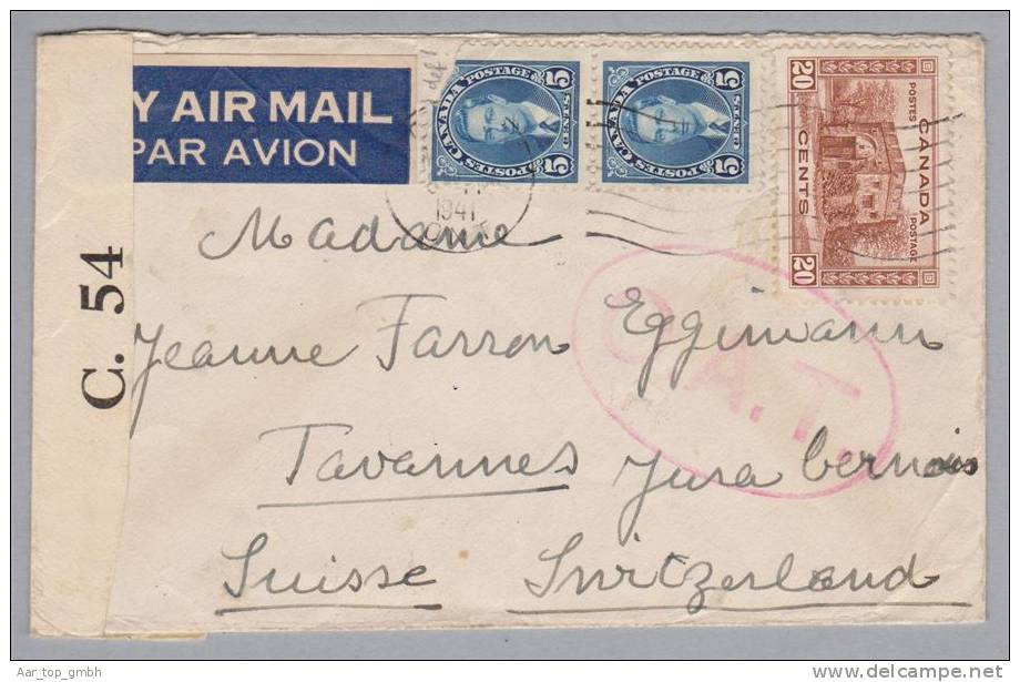 KANADA Canada 1941-03-?? Toronto O.A.T. Zensur-Luftpostbrief Nach Tavannes Schweiz (Marke Defekt) - Poste Aérienne