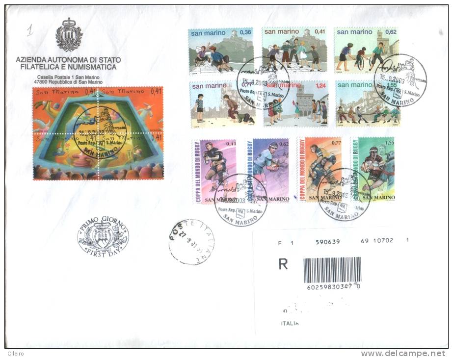 San Marino 2003 Busta FDC Con Coppa Del Mondo Di Rugby-Antichi Giochi Bambini E L'arte Dei Burattini - Oblitérés