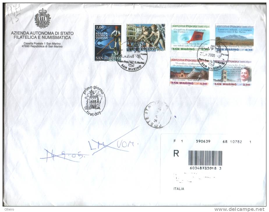 San Marino 2005 Busta FDC Con 150 Nascita Pascoli-Regata Storica Di Venezia-Foglietto Grandi Vini Italiani - Used Stamps