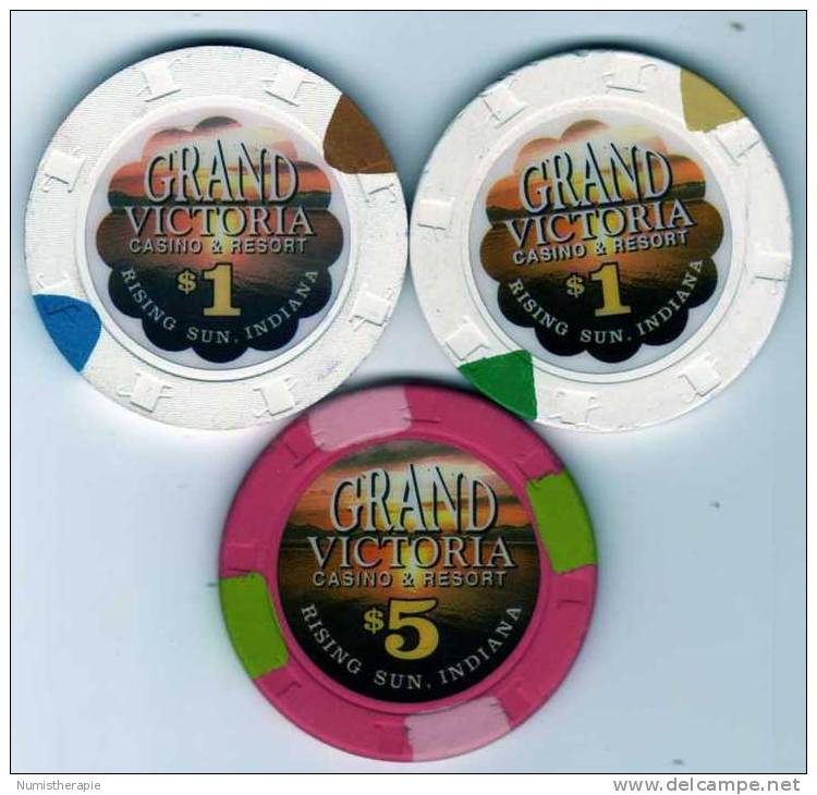 Lot De 3 Jetons De Grand Victoria Casino : Rising Sun Indiana $1 $1 $5 - Casino