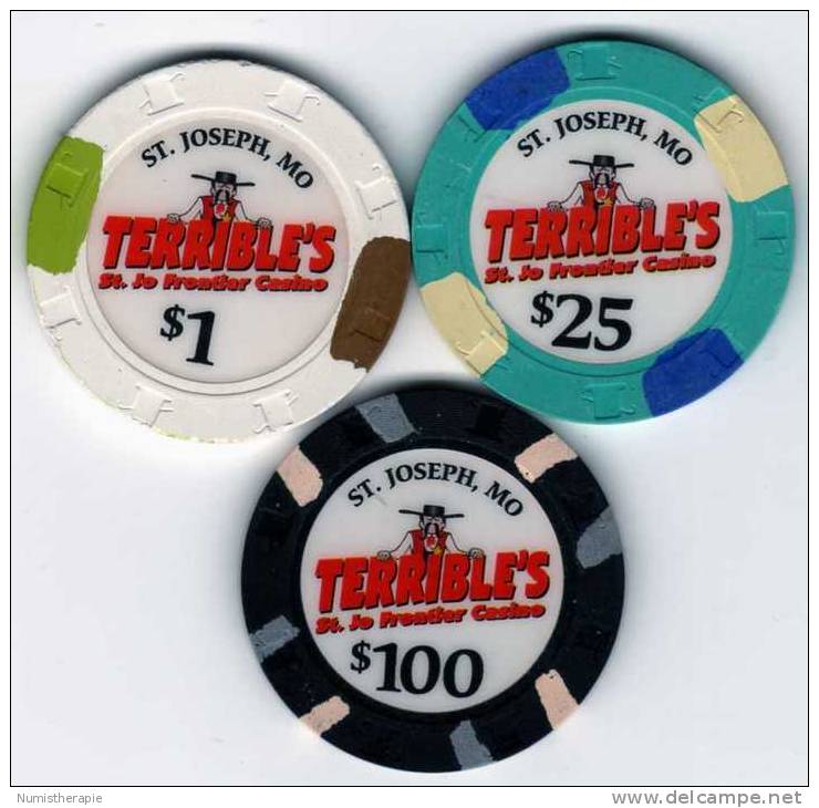 Lot De 3 Jetons De Terrible´s St. Jo Frontier Casino : St. Joseph Missouri $1 $25 $100 - Casino