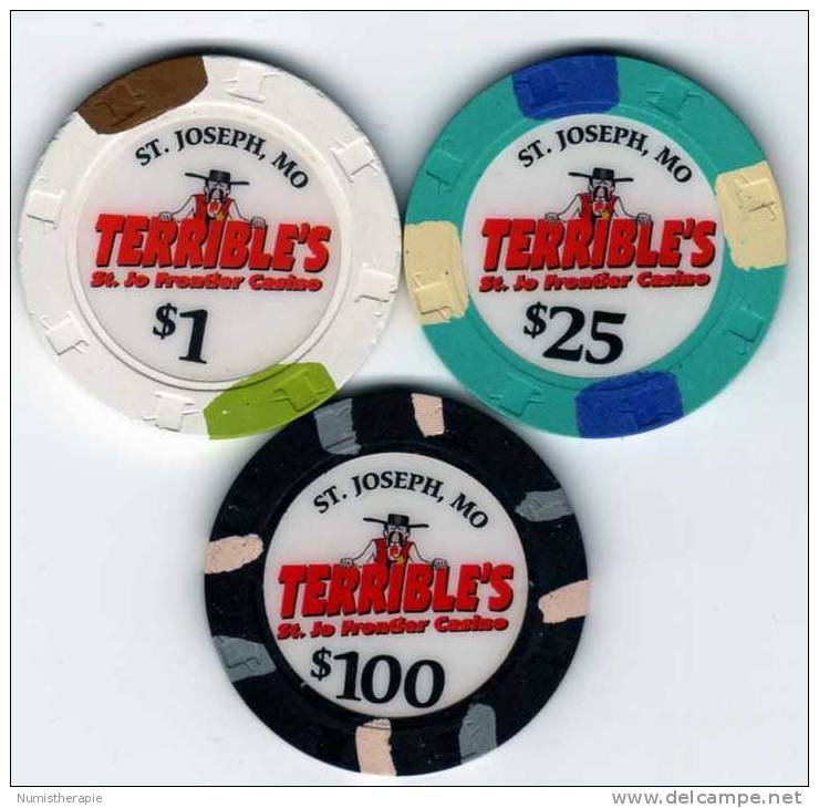 Lot De 3 Jetons De Terrible´s St. Jo Frontier Casino : St. Joseph Missouri $1 $25 $100 - Casino