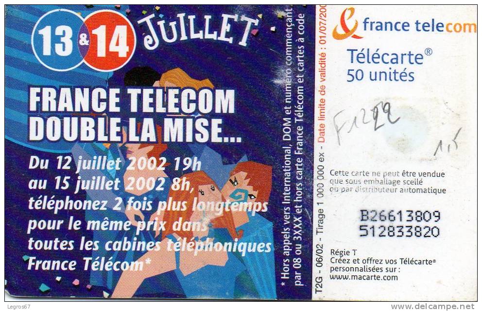 TELECARTE F 1222 - 14 JUILLET 2 - 2002