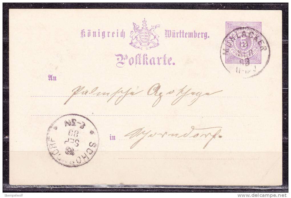 Wuerttemberg P 30, Muehlacker Nach Schorndorf, AK-Stempel 1889 (36049) - Sonstige & Ohne Zuordnung