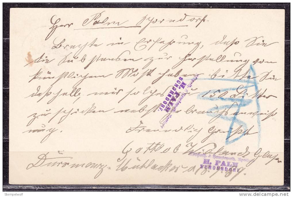 Wuerttemberg P 30, Muehlacker Nach Schorndorf, AK-Stempel 1889 (36049) - Sonstige & Ohne Zuordnung