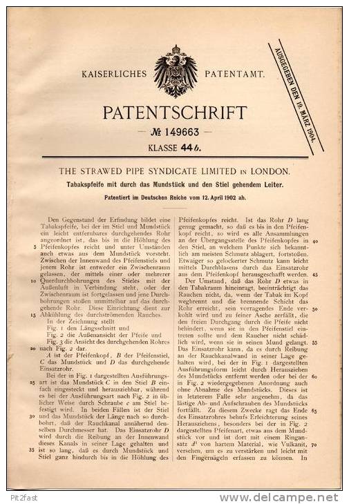 Original Patentschrift - The Strawed Pipe Synd. Ltd. In London , 1902 , Tabakspfeife , Pfeife , Tabak !!! - Porcelain Pipes