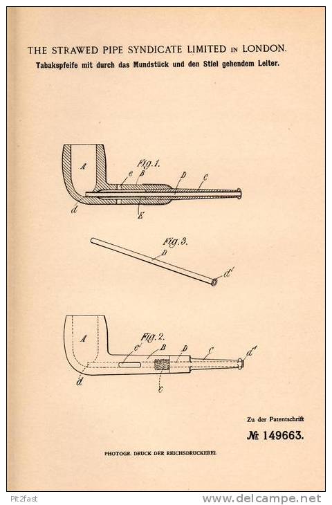 Original Patentschrift - The Strawed Pipe Synd. Ltd. In London , 1902 , Tabakspfeife , Pfeife , Tabak !!! - Porcelain Pipes