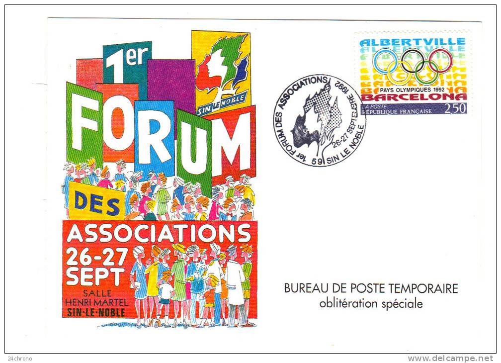 Sin Le Noble: 1er Forum Des Associations 26-27 Septembre 1992 Bureau De Poste Temporaire, Obliteration Speciale (12-3279 - Sin Le Noble