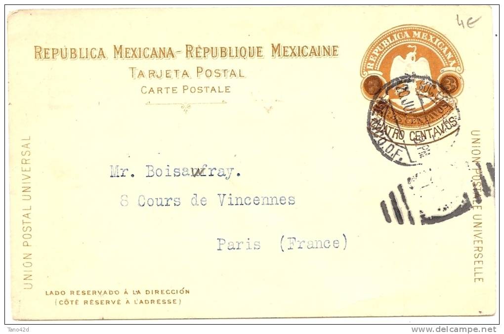 REF LVP9 - MEXIQUE EP CP REPIQUAGE COMMERCIAL BROCKMANN - VOYAGEE MEXICO PARIS JUILLET 1908 - Mexique