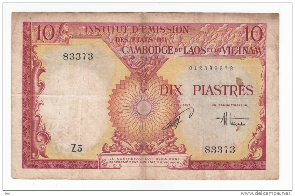 INDOCHINA 10 PIASTRES 1953 VF P 107 - Indochina