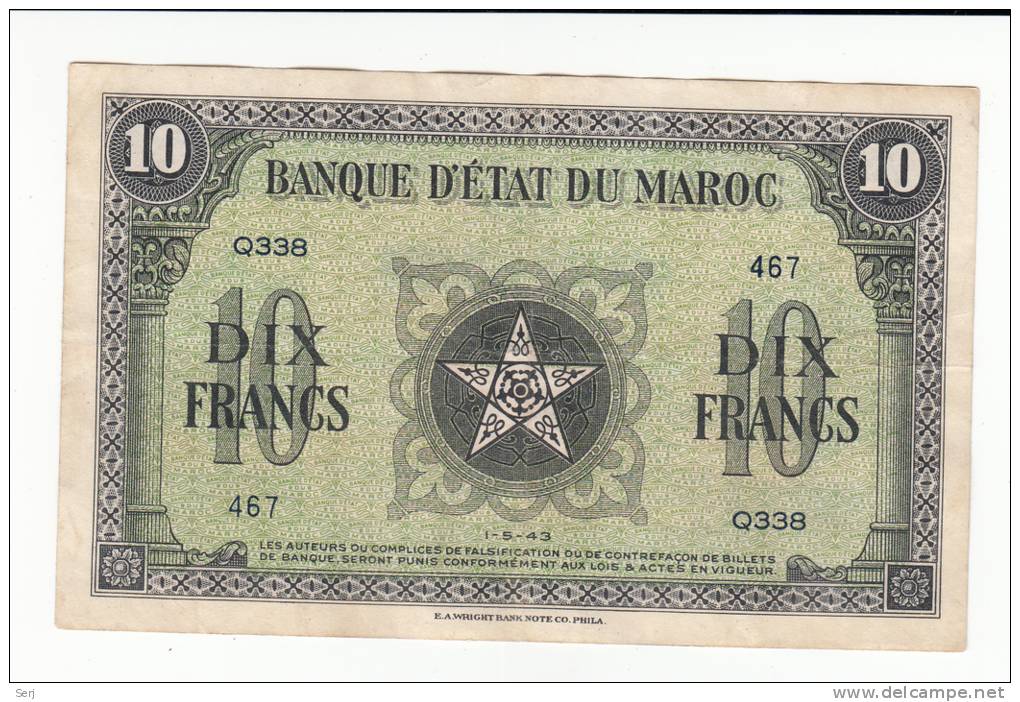 Morocco 10 Francs 1943 VF++ CRISP P 25 - Marocco