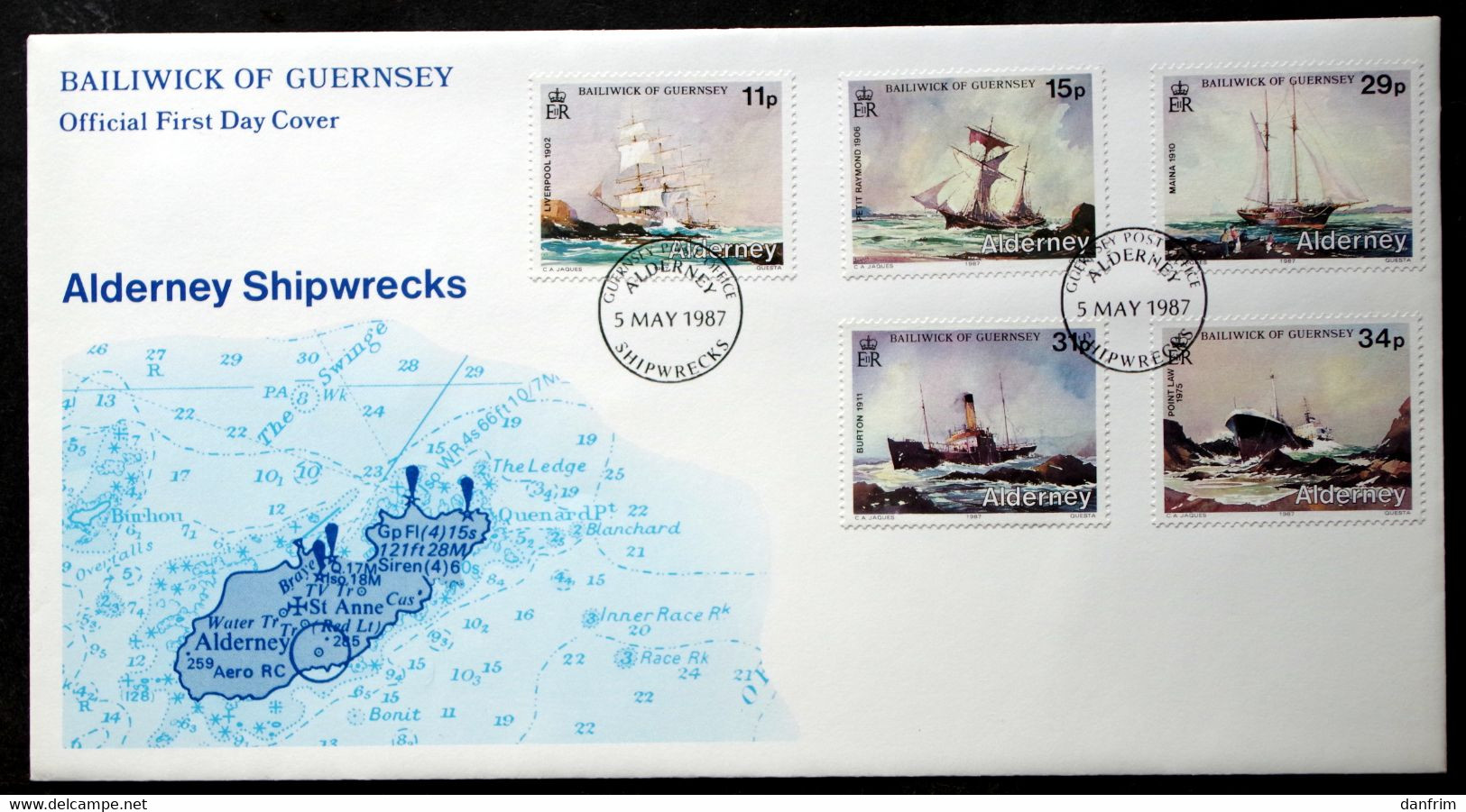 ALDERNEY 1987 Alderney Shipwrecks FDC   MiNr. 32-36  ( Lot 943 ) - Alderney