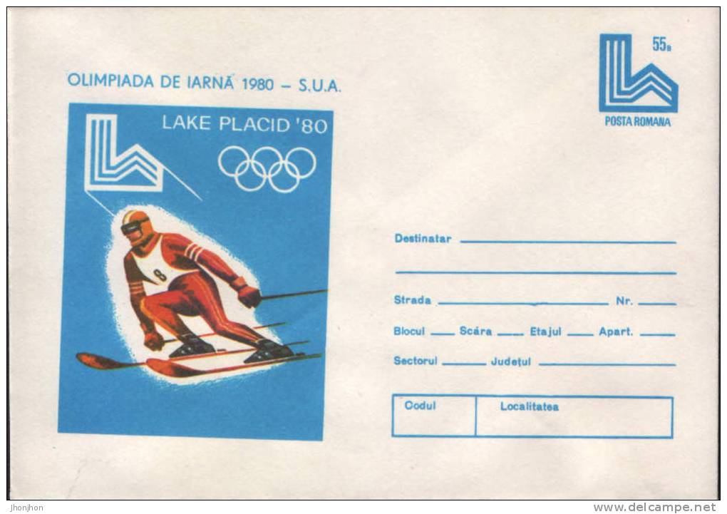 Romania-Postal Stationery Cover 1980-Skiing, Descent;Ski, Ski Alpin;Ski, Bergab-unused - Invierno 1980: Lake Placid