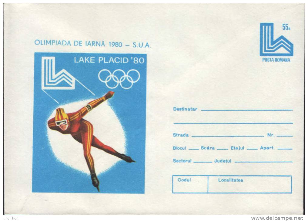 Romania-Postal Stationery Cover Unused 1980-Speed &#8203;&#8203;Skating; Patinage De Vitesse; Eisschnelllauf - Hiver 1980: Lake Placid