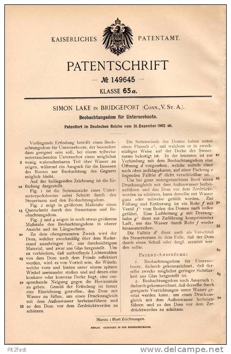 Original Patentschrift - Beobachtungsdom Für Unterseeboot , U-Boot , 1902 , S. Lake In Bridgeport , USA !!! - Schiffe