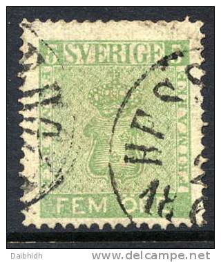 SWEDEN 1858 5 öre Yellow-green, Fine Used. SG 6b, Michel 7b. - Usados
