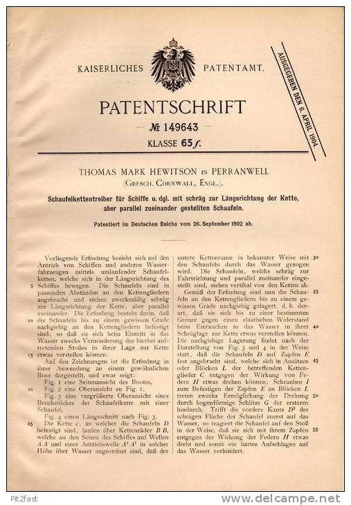 Original Patentschrift - T. Hewiston In Perranwell , 1902 , Schaufelkettentreiber Für Schiffe , Schiff !!! - Altri & Non Classificati