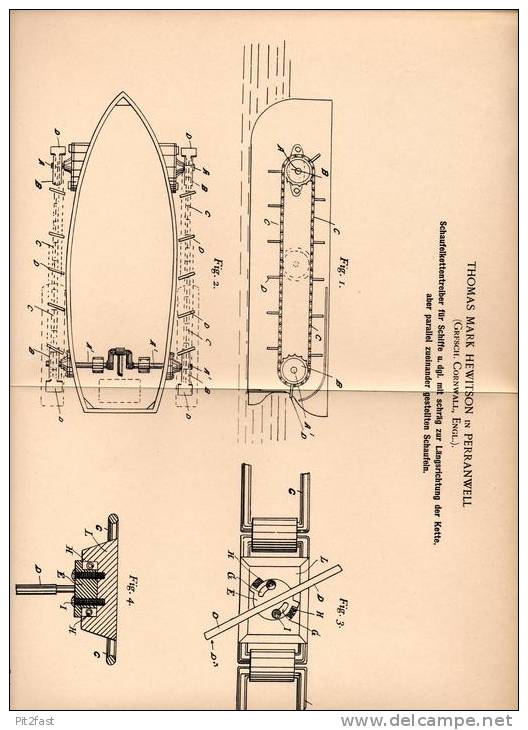 Original Patentschrift - T. Hewiston In Perranwell , 1902 , Schaufelkettentreiber Für Schiffe , Schiff !!! - Sonstige & Ohne Zuordnung