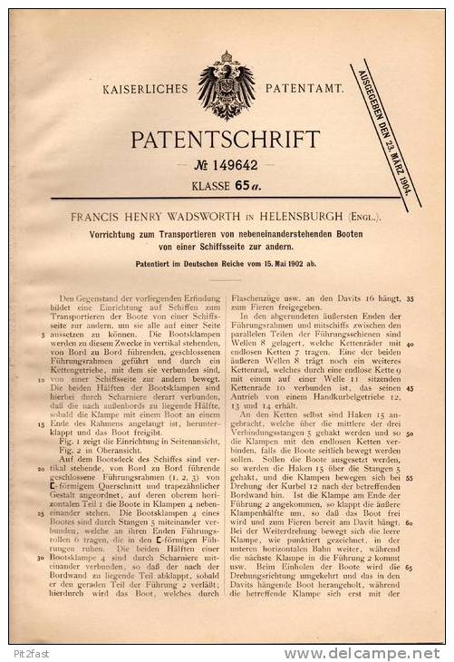 Original Patentschrift - F. Wadsworth In Helensburgh , 1902 , Transportapparat Für Schiffe , Boote !!! - Otros & Sin Clasificación