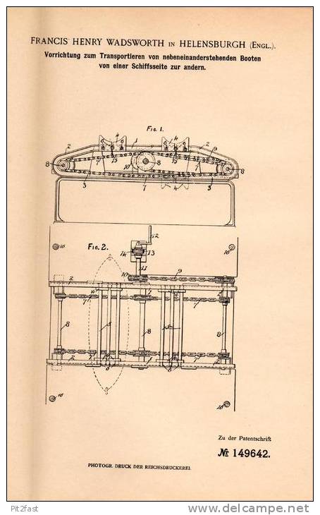 Original Patentschrift - F. Wadsworth In Helensburgh , 1902 , Transportapparat Für Schiffe , Boote !!! - Sonstige & Ohne Zuordnung